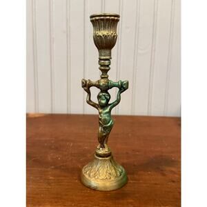 Antique Brass Cherub Candlestick – Classical Revival Style